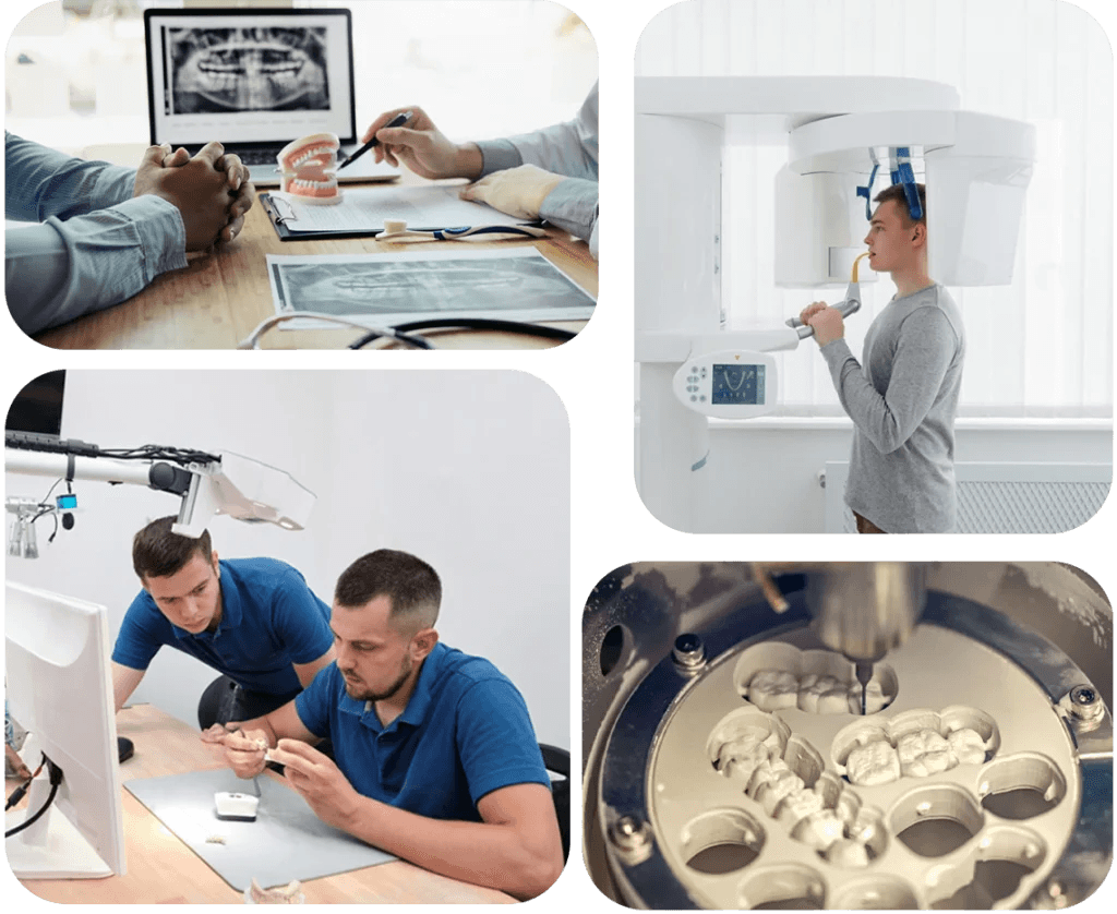 MRV Dental’de hastayla ön görüşme, panoramik röntgen çekimi, dijital diş üretimi ve laboratuvar çalışması süreci.